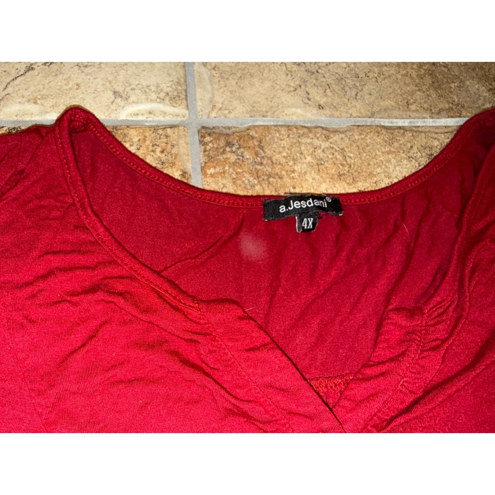 A.Jesdani Women Plus 4X Red Henley V-Neck Short Sleeve Pleated Tunic Blouse Top